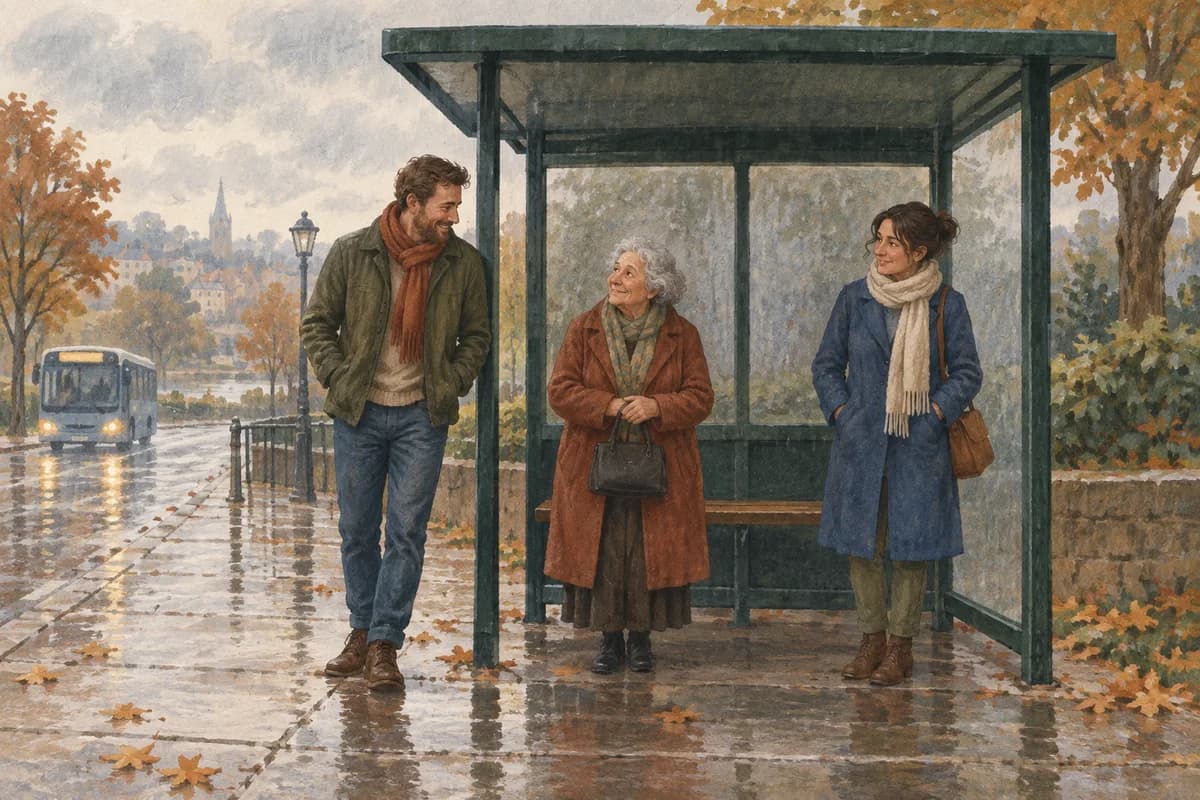 Illustration of a man making room for an older woman under a bus shelter while another woman notices.