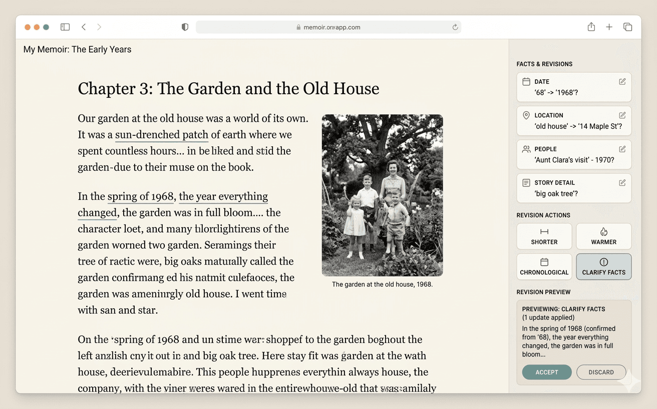 Preview of the draft workspace with fact confirmation and revision controls.
