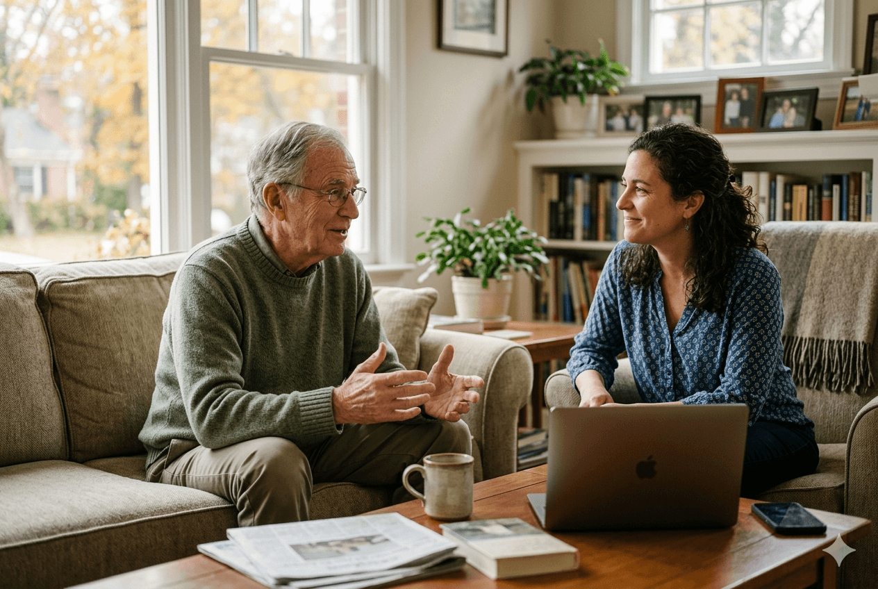 Adult child and older parent talking together at home with a laptop and family photos nearby.