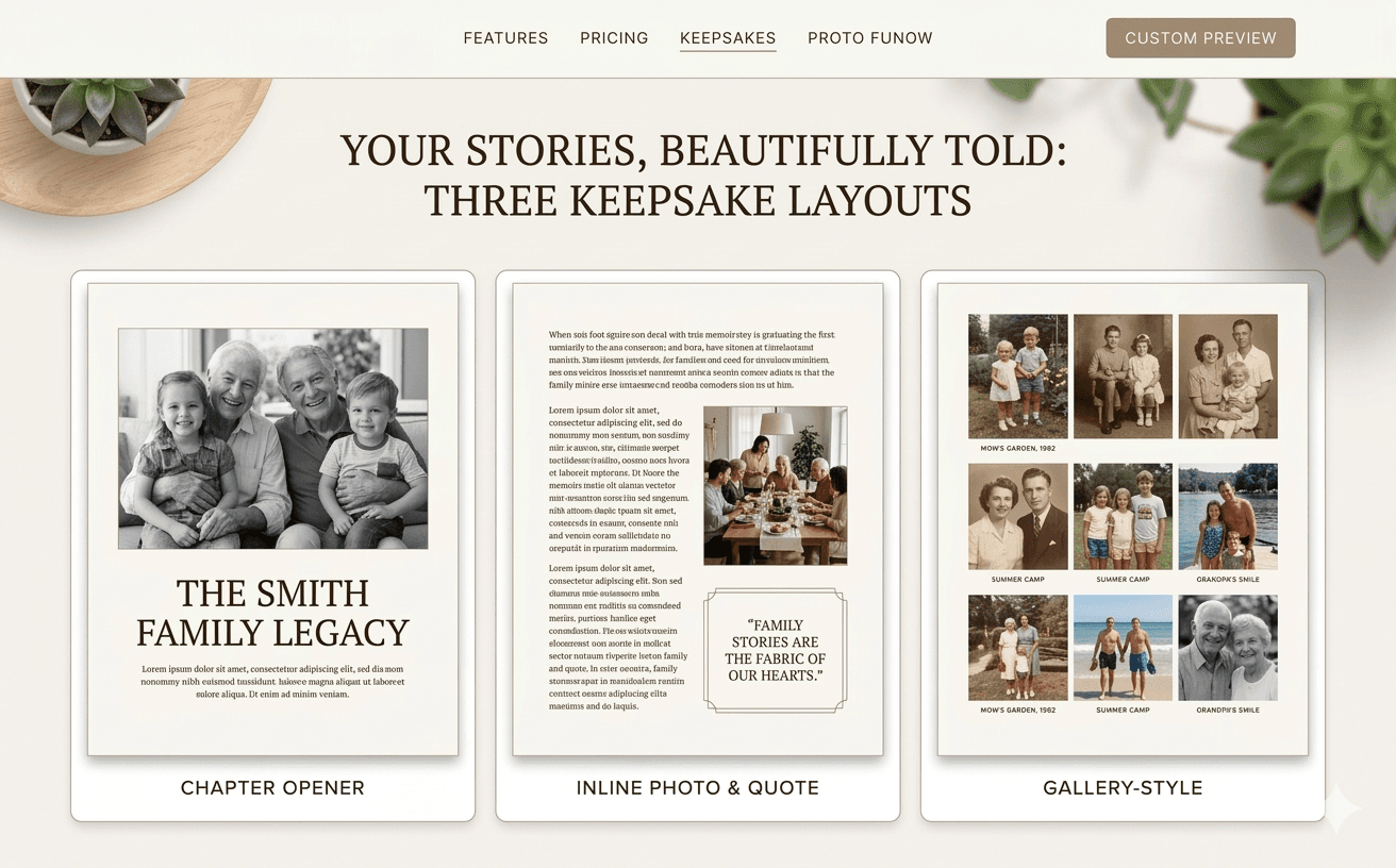Preview of multiple keepsake layouts for saving and sharing family stories.
