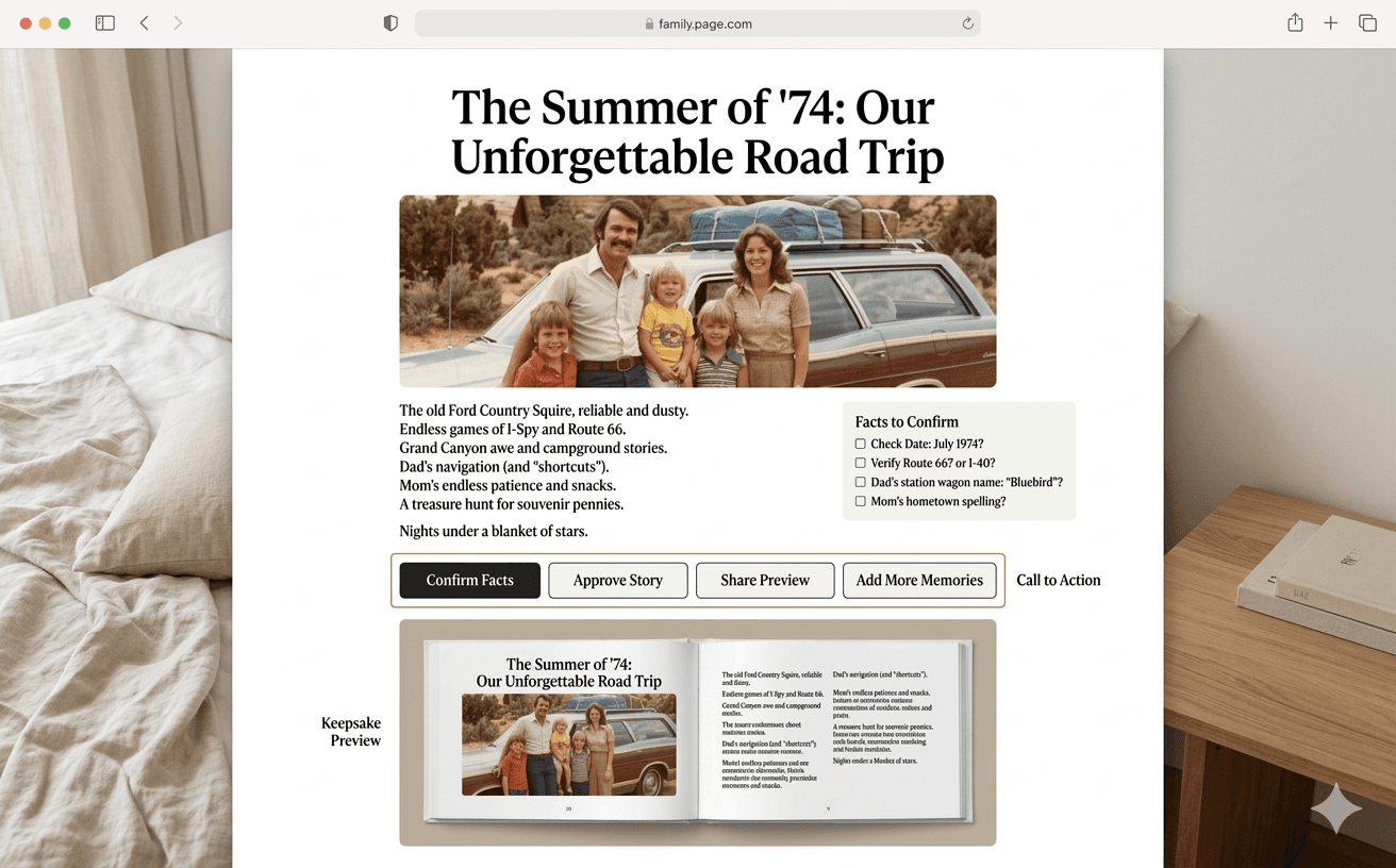 Preview of a finished family story with photo, fact confirmation, and keepsake view.