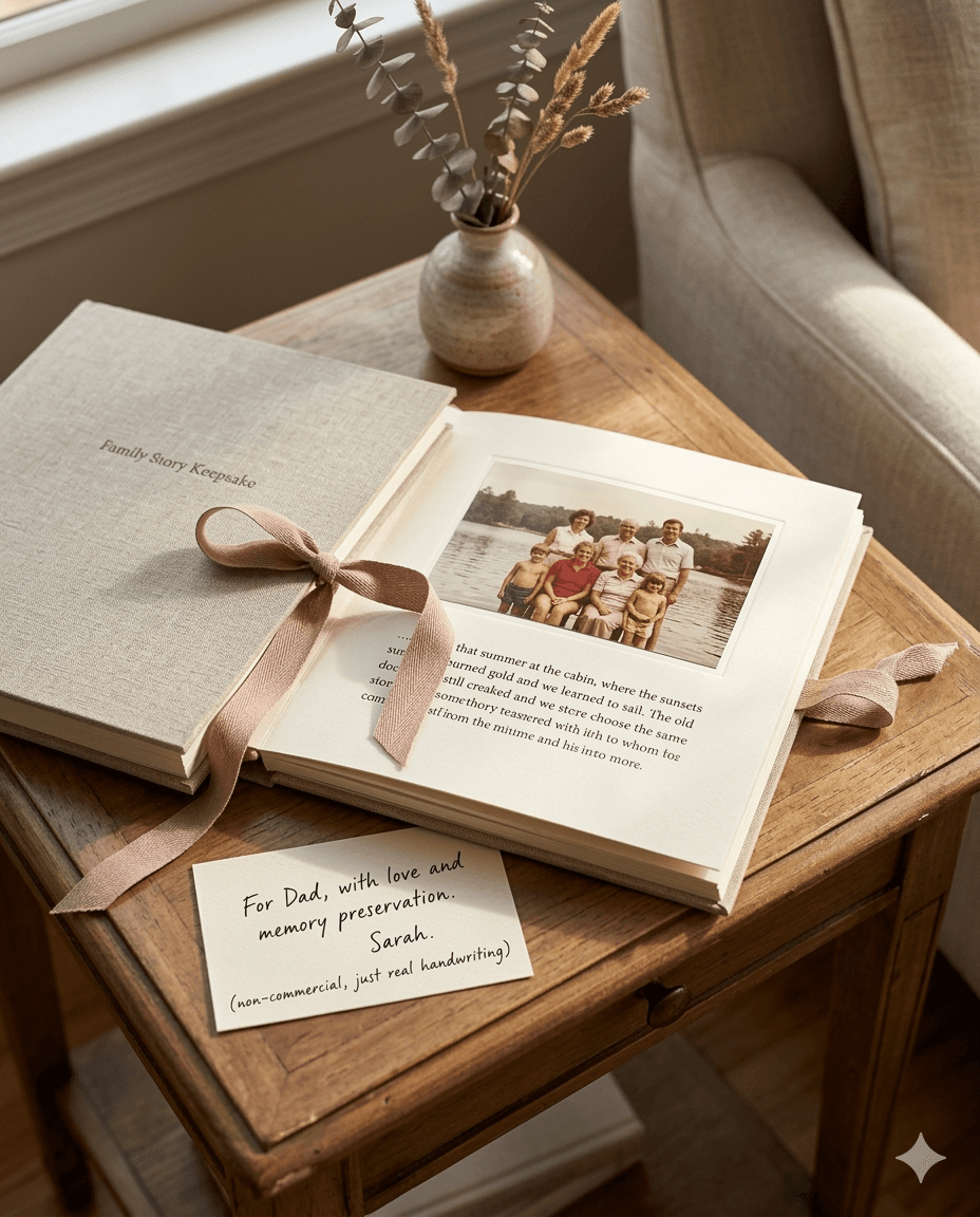 Linen-bound keepsake book opened on a wooden side table with a family photo printed inside.