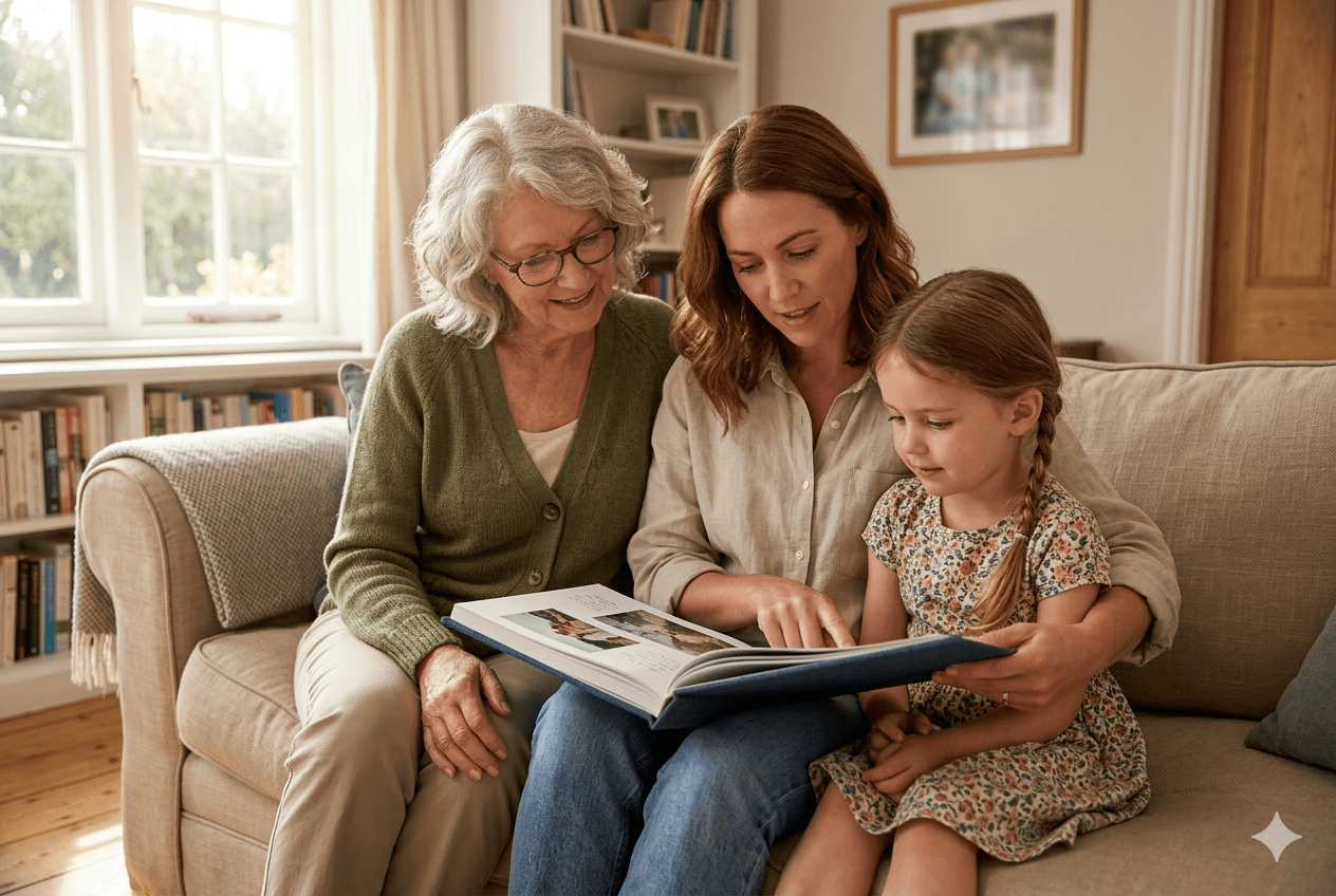 Grandmother, adult daughter, and young granddaughter reading a family book together on a couch.