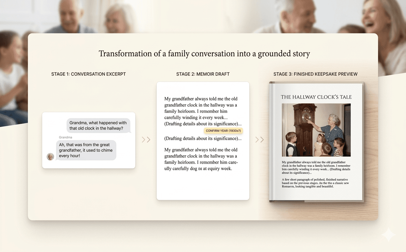 Visual proof showing how a family conversation becomes a grounded story and keepsake preview.