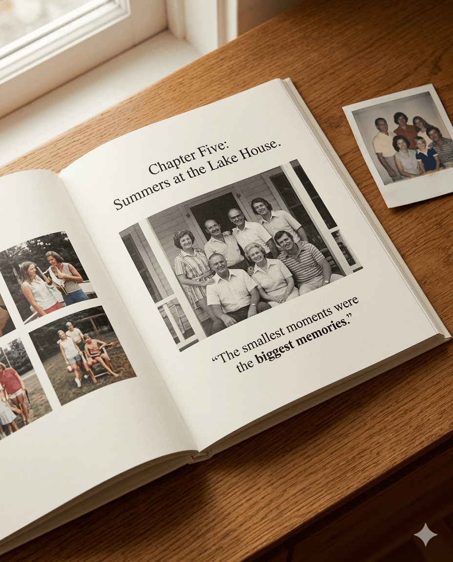 Open keepsake spread showing family photos and a quote on a wooden table.