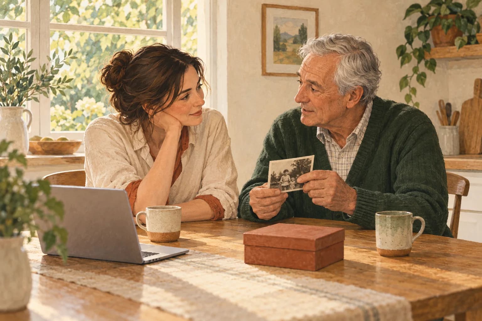 Illustration of a daughter listening to her father as he shares a memory from an old photograph.