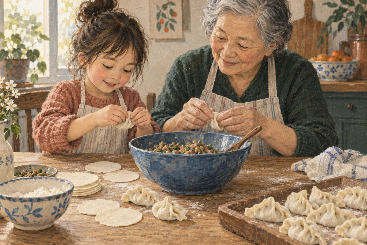 Illustration of a grandmother and grandchild folding dumplings beside a blue bowl.